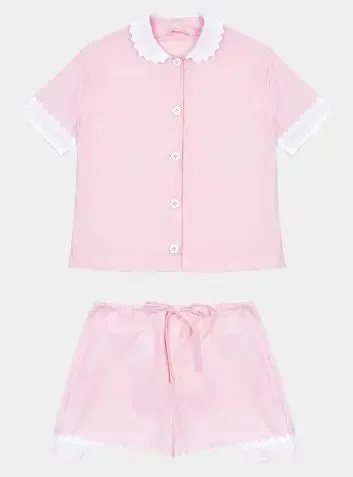 100% Cotton Poplin Pyjamas in Pink With White Contrasting Collar and Cuffs With Ric Rac Trim