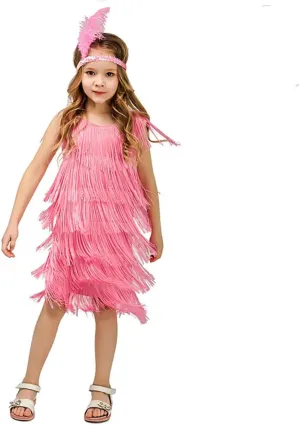 20s Flapper Dresses for Girls Salsa Latin Dance Dress 1920s Gatsby Tassel Fringe Flapper Dress   Feather Headband Dancewear