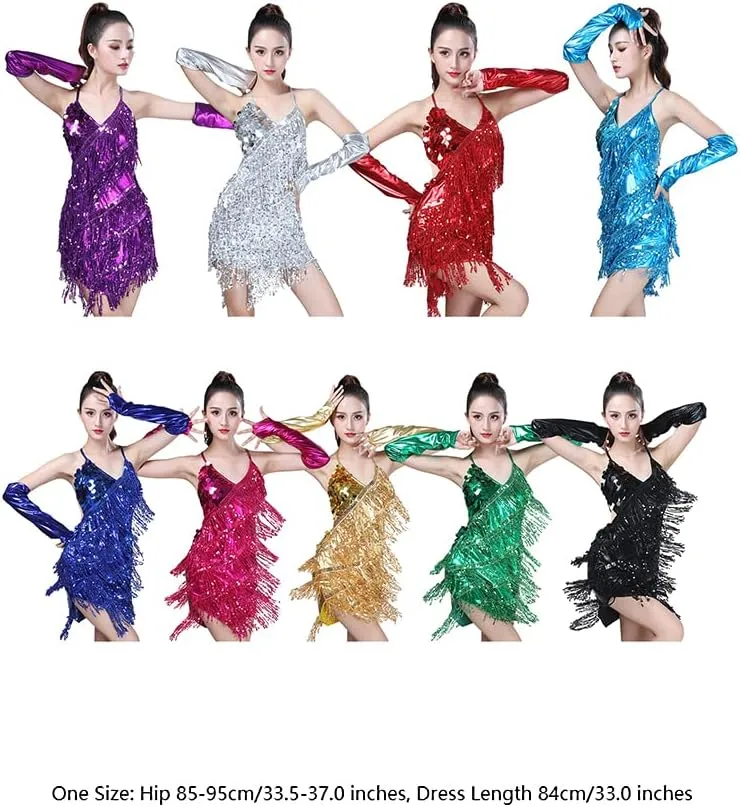 AFAVOM Sequins Tassel Latin Dance Dress for Women's 1920s Flapper Cocktail Party Dresses Rumba Ballroom Costumes with Gloves