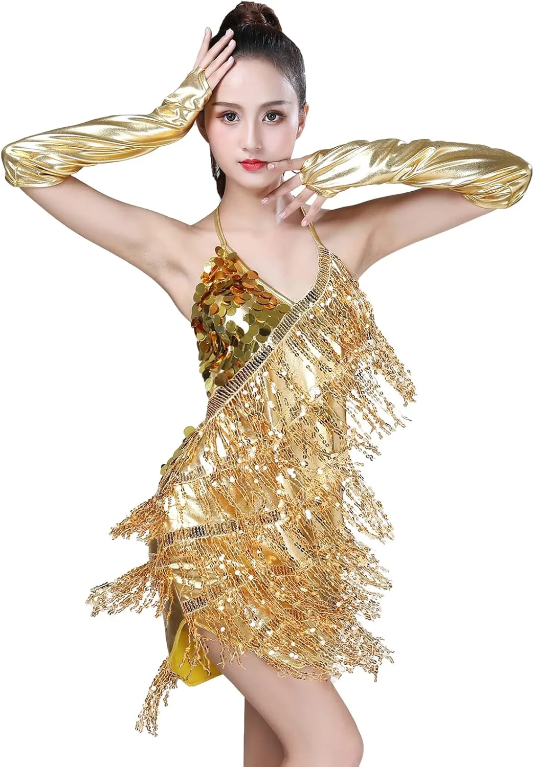 AFAVOM Sequins Tassel Latin Dance Dress for Women's 1920s Flapper Cocktail Party Dresses Rumba Ballroom Costumes with Gloves