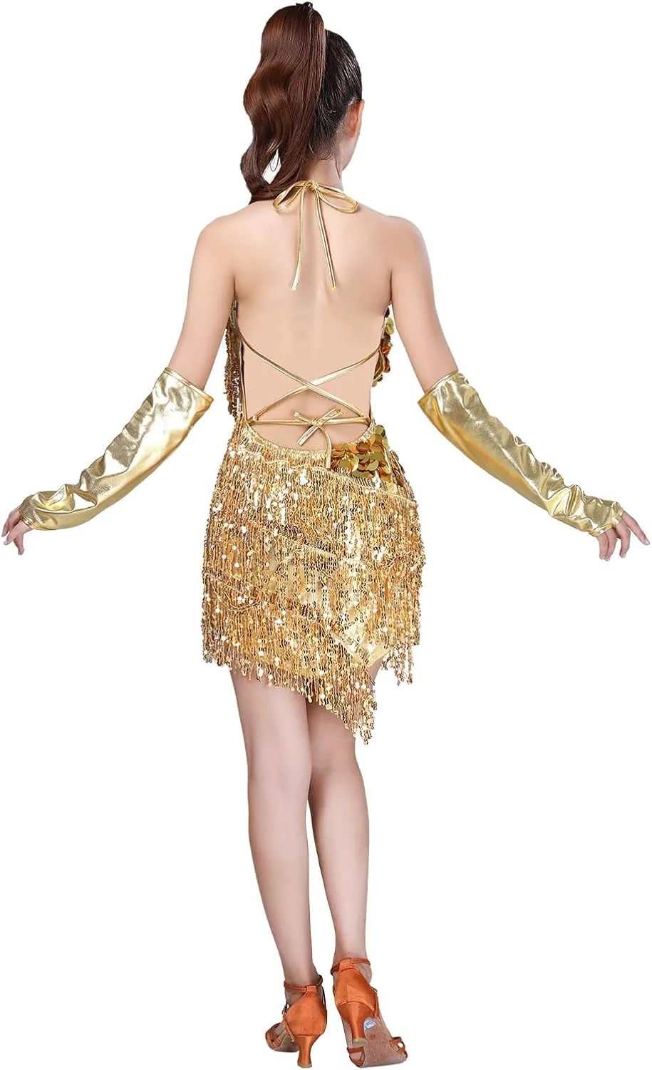 AFAVOM Sequins Tassel Latin Dance Dress for Women's 1920s Flapper Cocktail Party Dresses Rumba Ballroom Costumes with Gloves