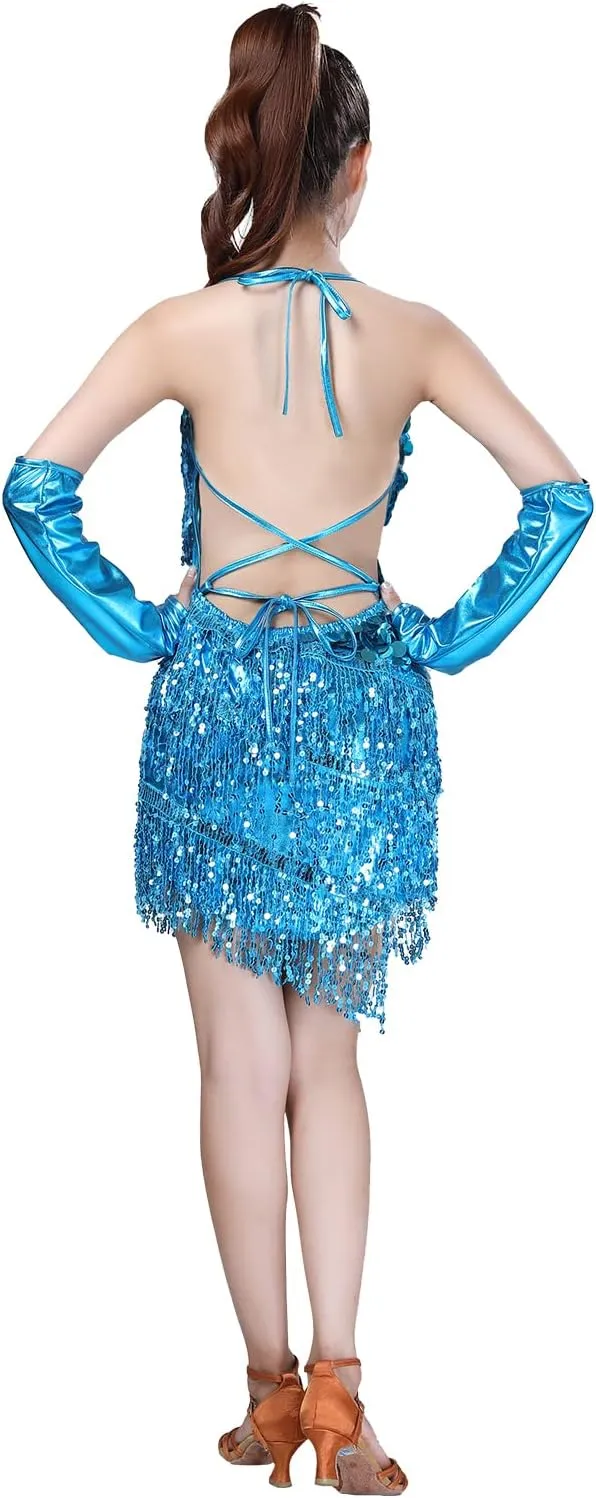 AFAVOM Sequins Tassel Latin Dance Dress for Women's 1920s Flapper Cocktail Party Dresses Rumba Ballroom Costumes with Gloves