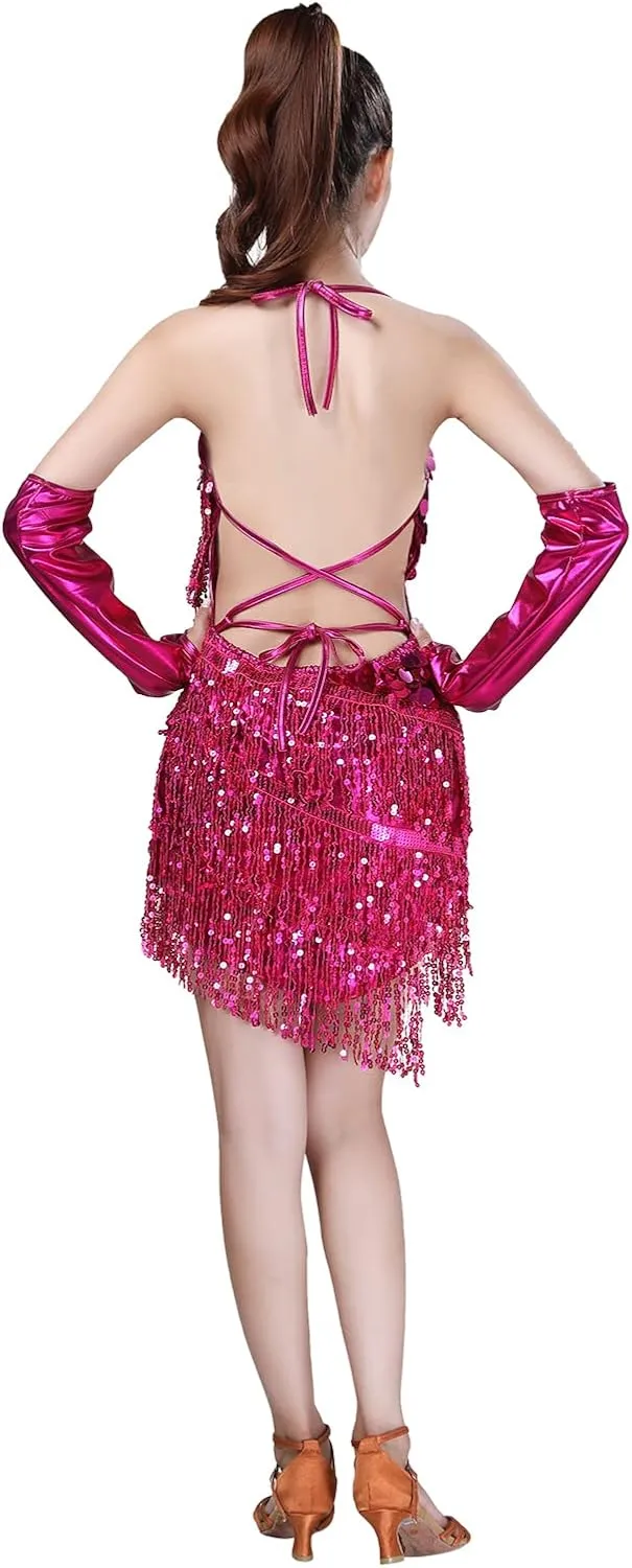 AFAVOM Sequins Tassel Latin Dance Dress for Women's 1920s Flapper Cocktail Party Dresses Rumba Ballroom Costumes with Gloves