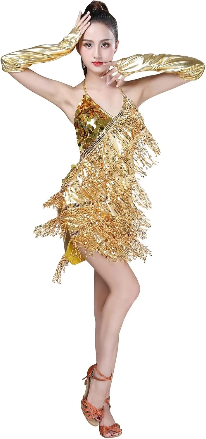 AFAVOM Sequins Tassel Latin Dance Dress for Women's 1920s Flapper Cocktail Party Dresses Rumba Ballroom Costumes with Gloves
