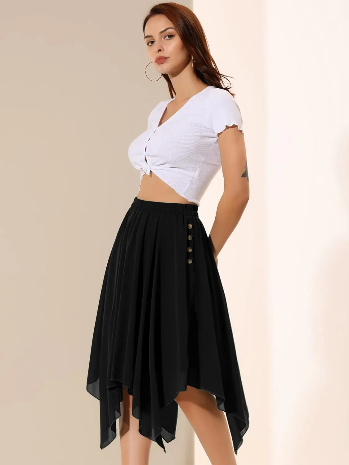 Allegra K Women's Asymmetrical Hem Elastic Waist Chiffon Flowy Vintage Handkerchief Hemline Midi Skirt