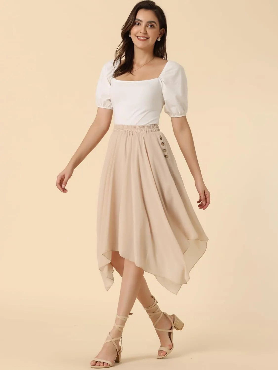 Allegra K Women's Asymmetrical Hem Elastic Waist Chiffon Flowy Vintage Handkerchief Hemline Midi Skirt