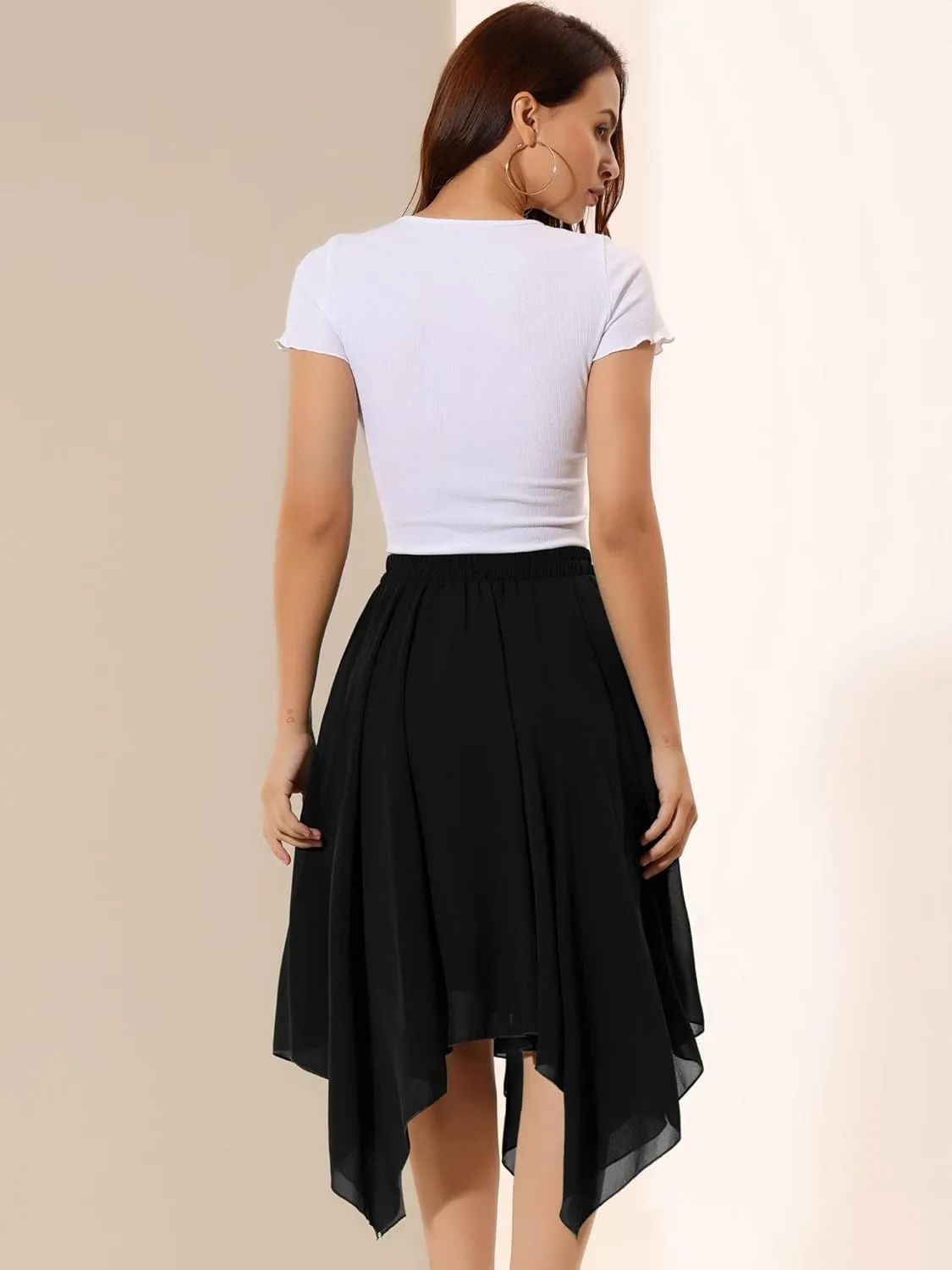 Allegra K Women's Asymmetrical Hem Elastic Waist Chiffon Flowy Vintage Handkerchief Hemline Midi Skirt