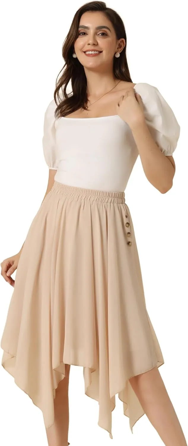 Allegra K Women's Asymmetrical Hem Elastic Waist Chiffon Flowy Vintage Handkerchief Hemline Midi Skirt