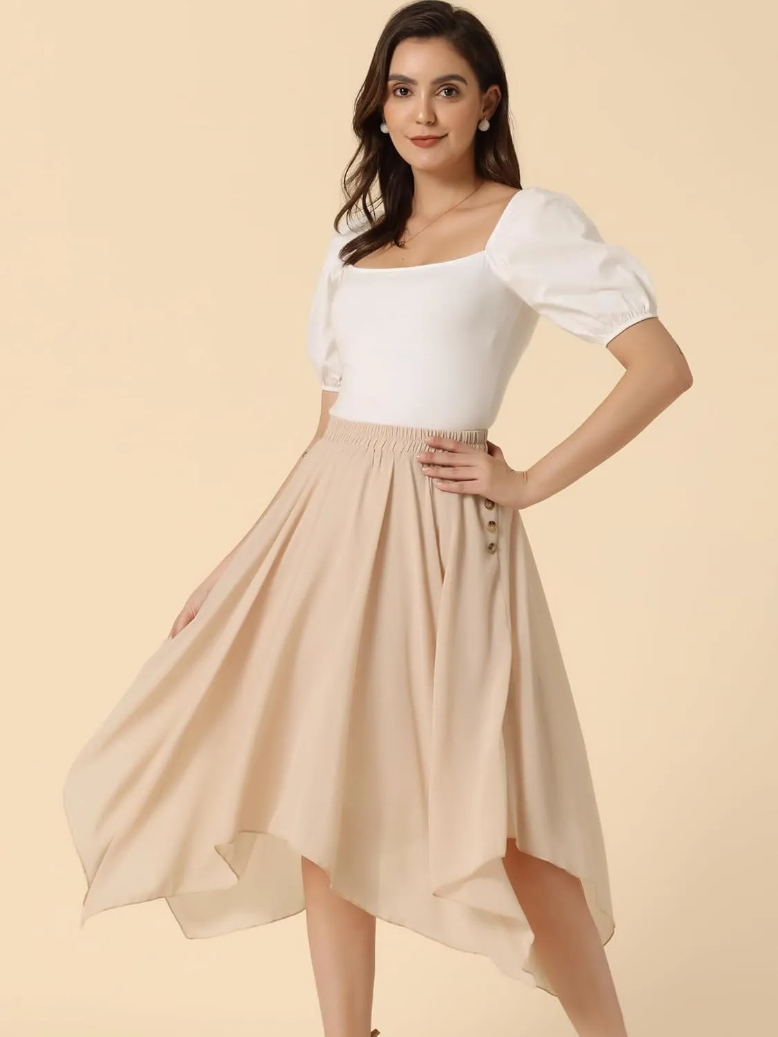 Allegra K Women's Asymmetrical Hem Elastic Waist Chiffon Flowy Vintage Handkerchief Hemline Midi Skirt