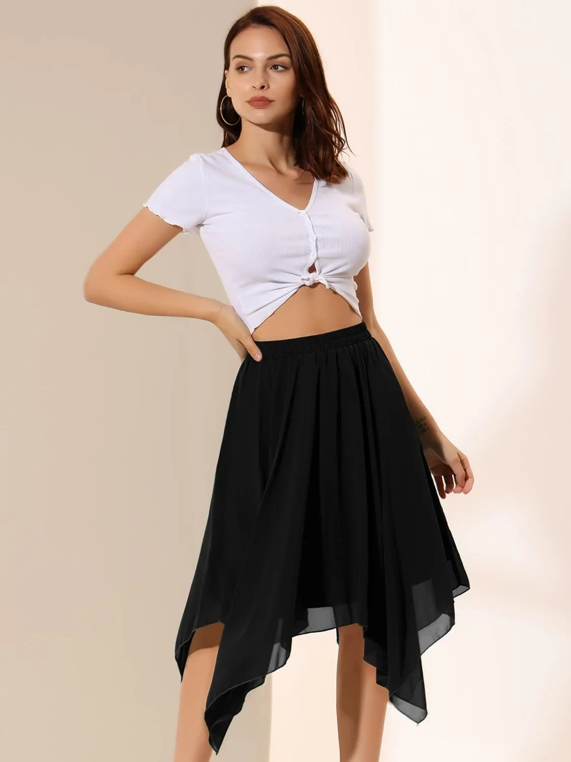Allegra K Women's Asymmetrical Hem Elastic Waist Chiffon Flowy Vintage Handkerchief Hemline Midi Skirt