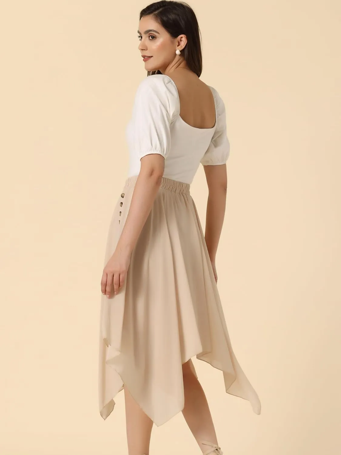 Allegra K Women's Asymmetrical Hem Elastic Waist Chiffon Flowy Vintage Handkerchief Hemline Midi Skirt