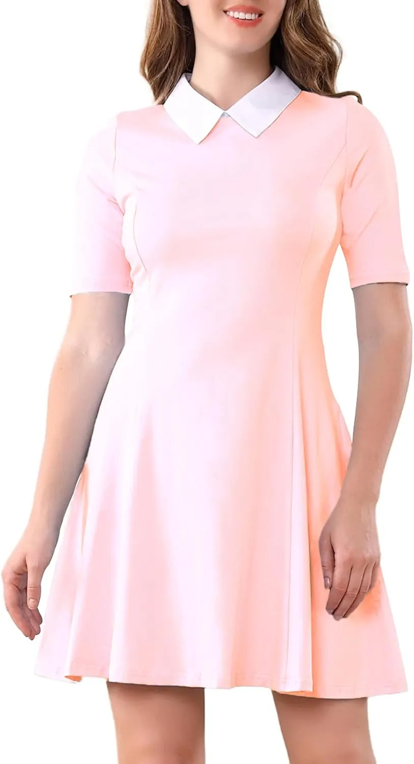 Aphratti Women's Short Sleeve Peter Pan Collar Cute Skater Dress Fit and Flare A-Line Casual Dresses