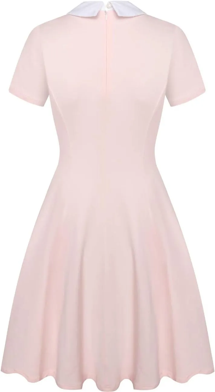 Aphratti Women's Short Sleeve Peter Pan Collar Cute Skater Dress Fit and Flare A-Line Casual Dresses