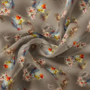 Attractive Pink Periwinkle With Autumn Buds Leaves Digital Printed Fabric