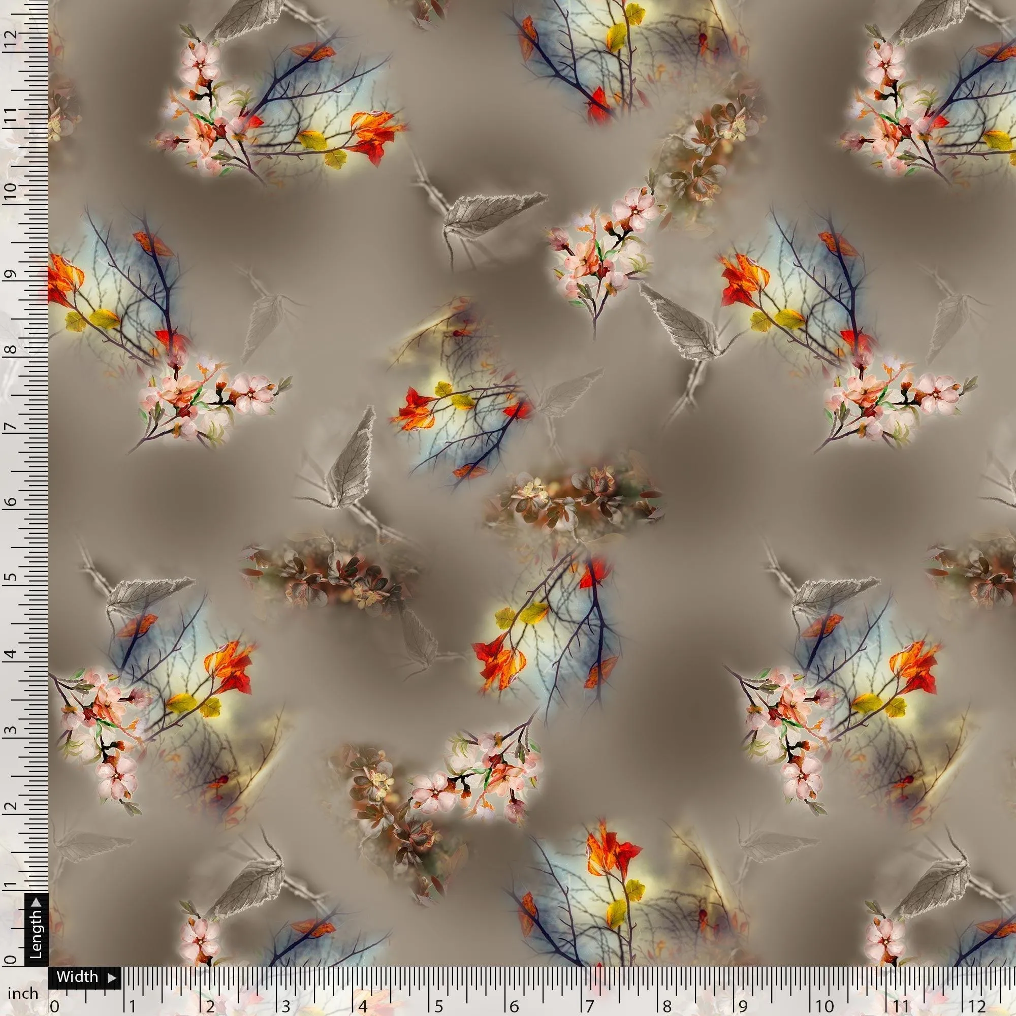 Attractive Pink Periwinkle With Autumn Buds Leaves Digital Printed Fabric