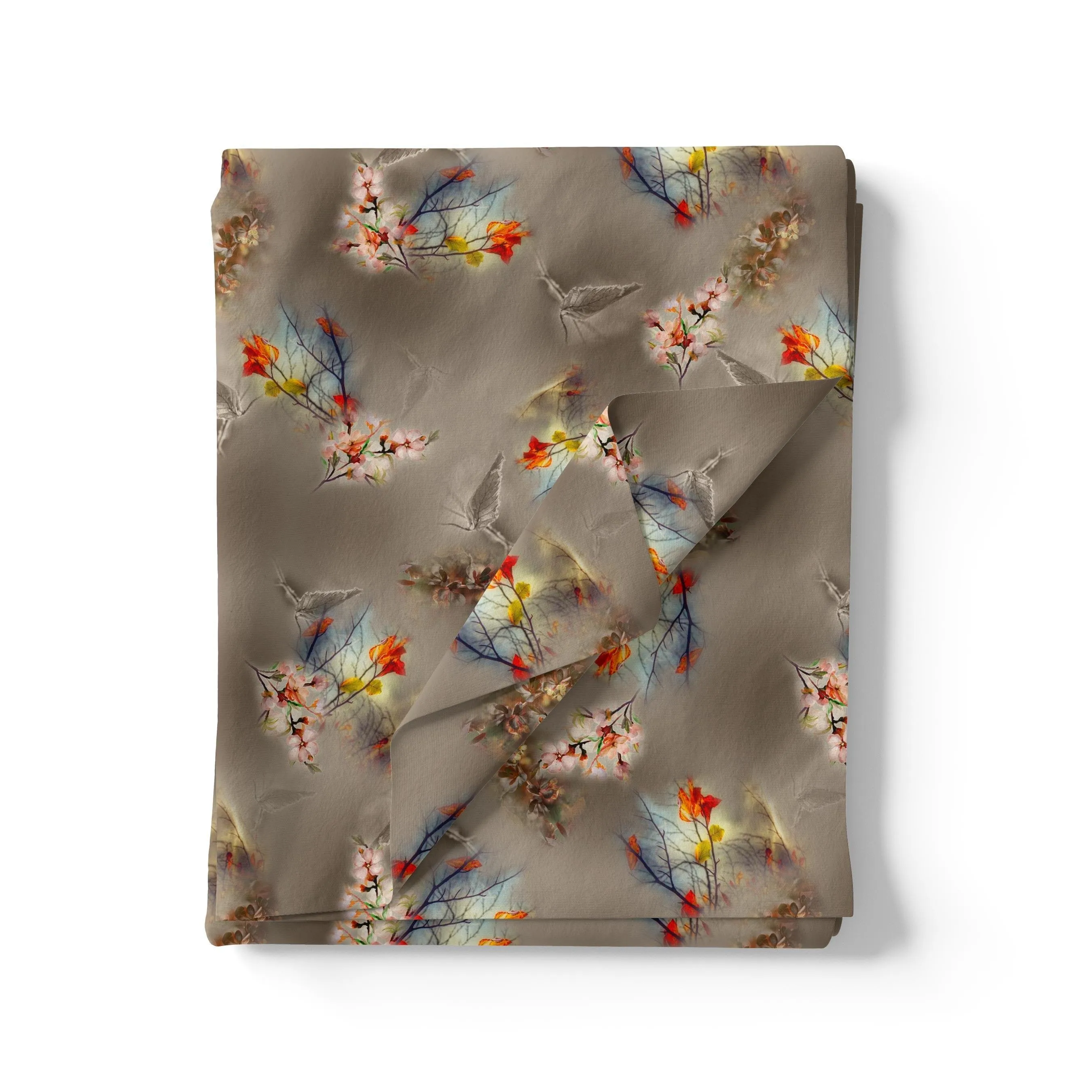 Attractive Pink Periwinkle With Autumn Buds Leaves Digital Printed Fabric
