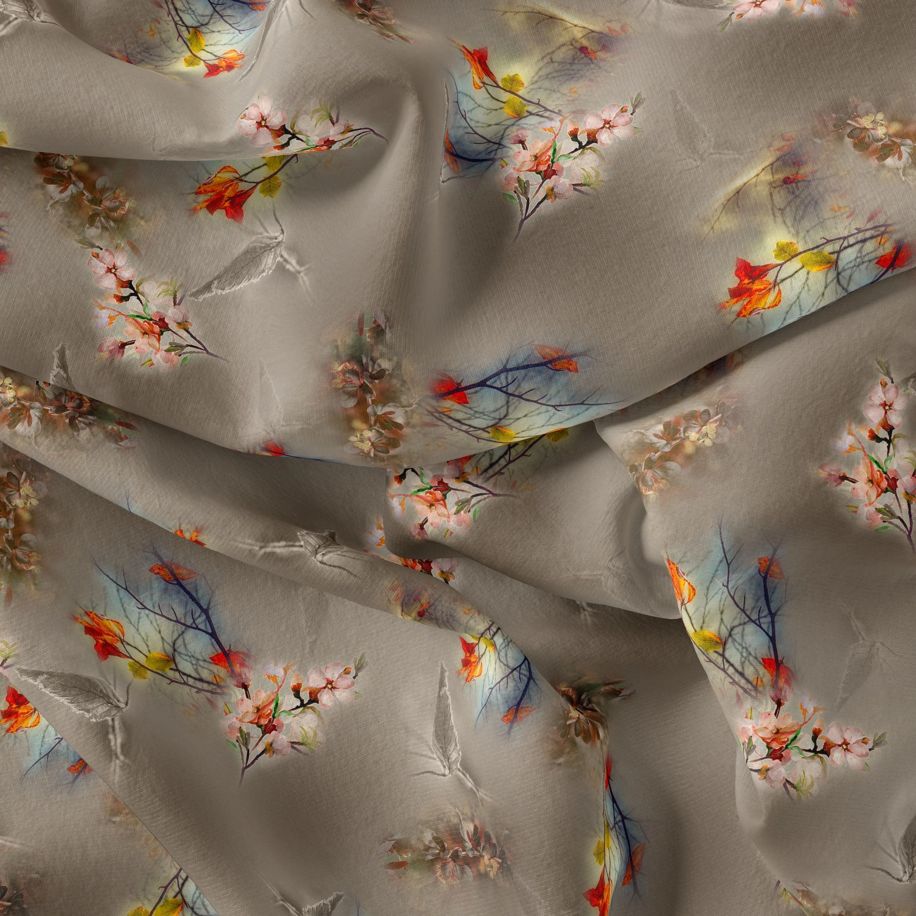 Attractive Pink Periwinkle With Autumn Buds Leaves Digital Printed Fabric
