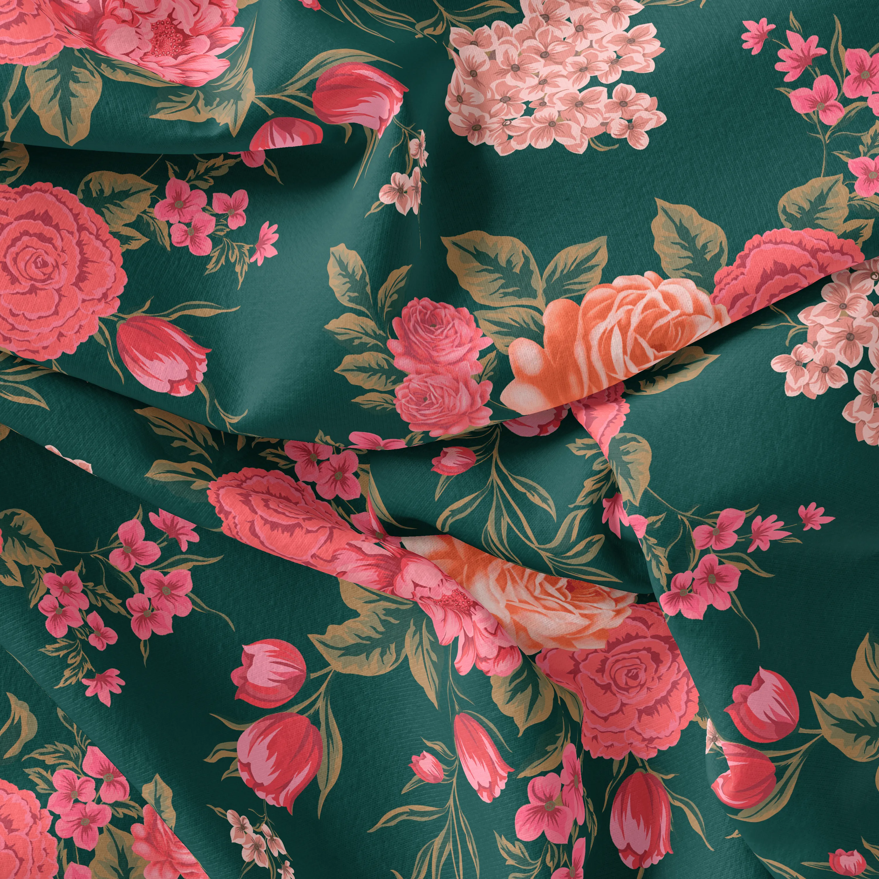 Beautiful Flower Pattern With Buds Digital Printed Fabric
