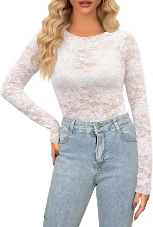 Diosun Womens Lace Floral Tops Long Sleeve Mesh Round Neck Sexy See Through Shirts Floral Blouses Top