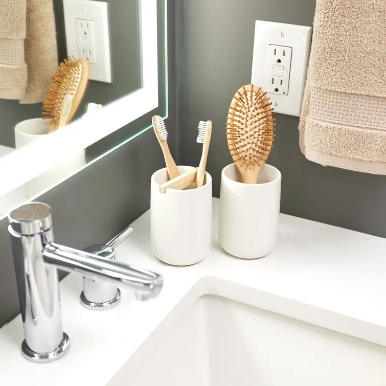 Eco Vanity Ceramic Toothbrush Holder with Paulownia Wood Divider
