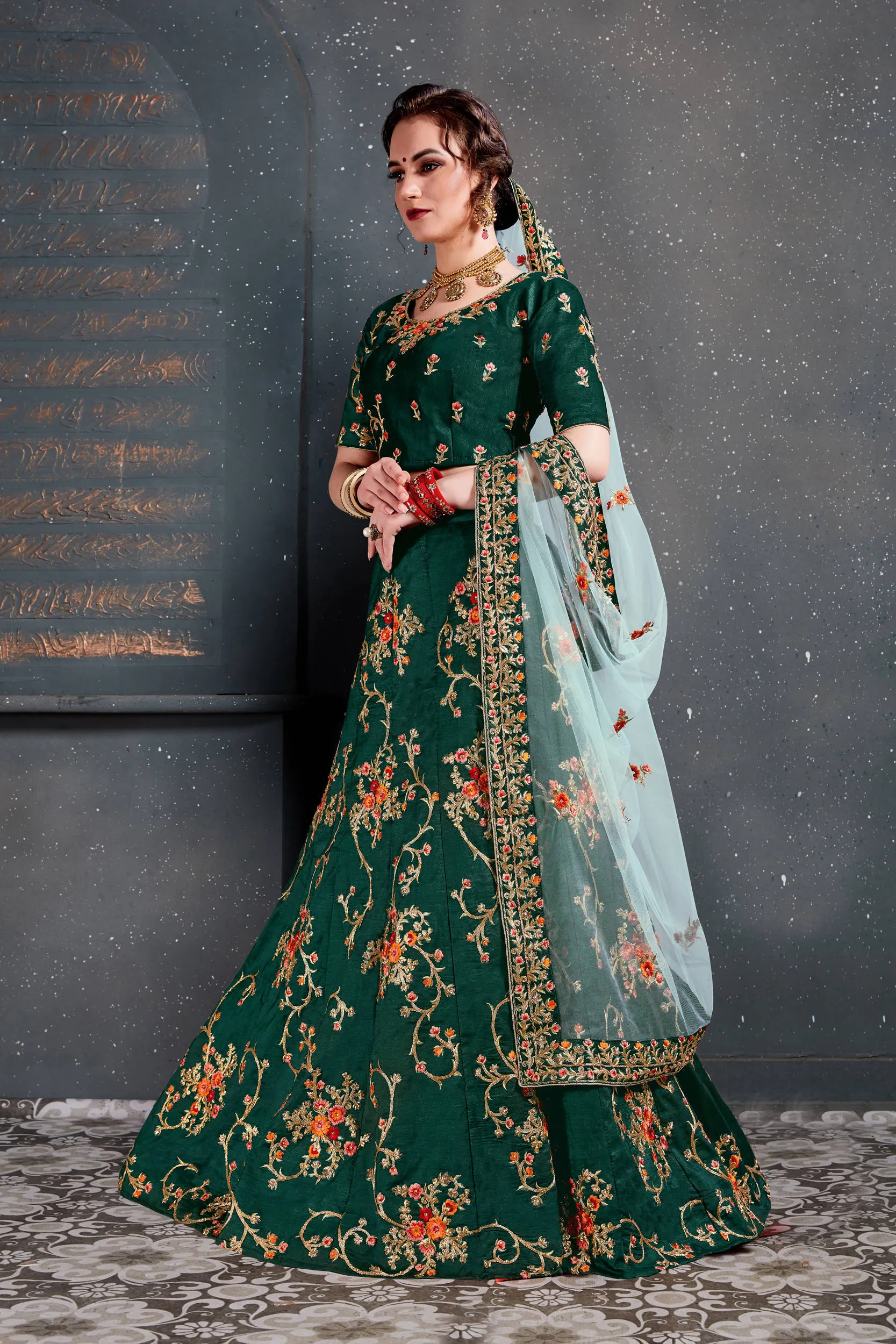 Ethnic Green Bridal Wear Embroidered Taffeta Silk Lehenga choli