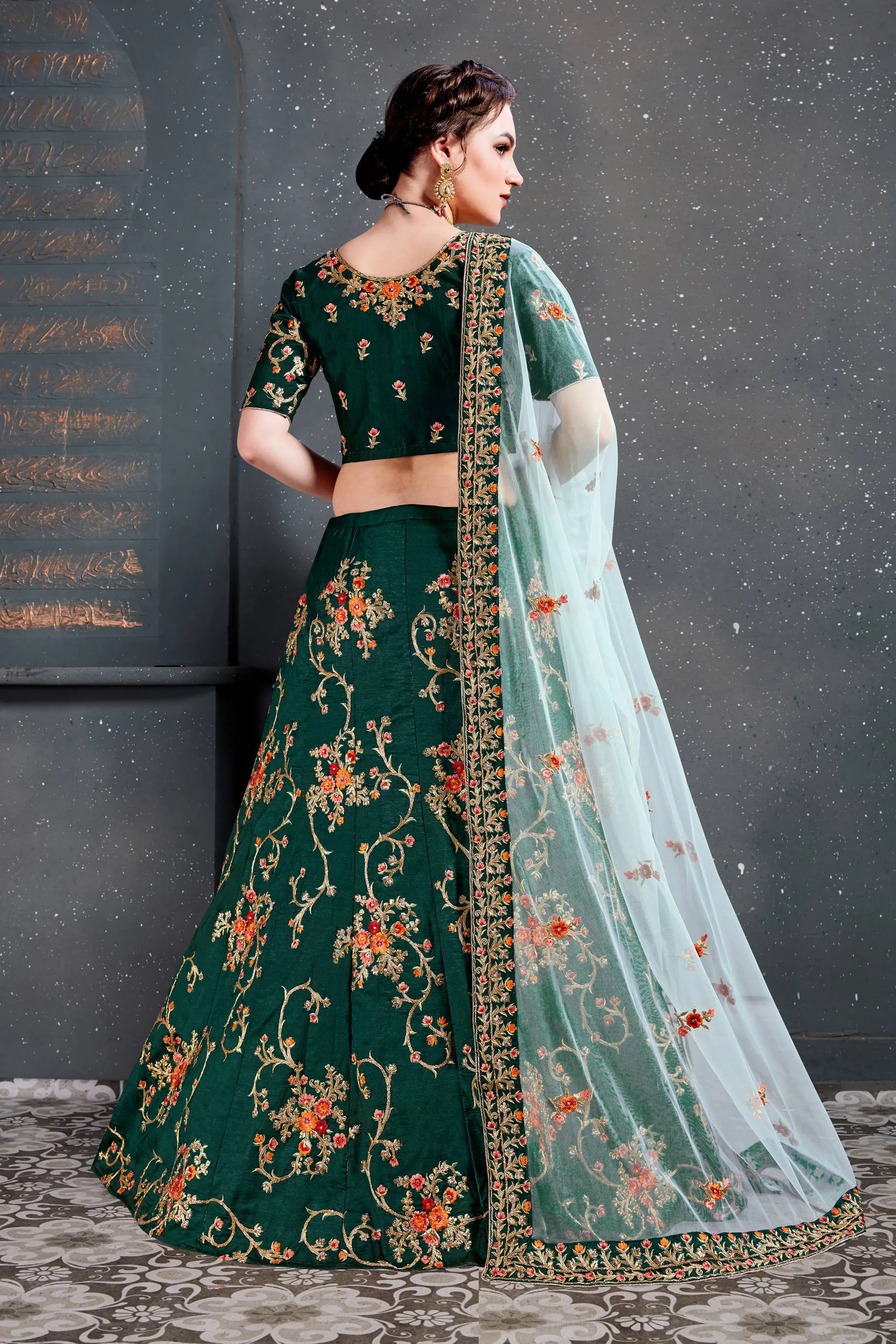 Ethnic Green Bridal Wear Embroidered Taffeta Silk Lehenga choli