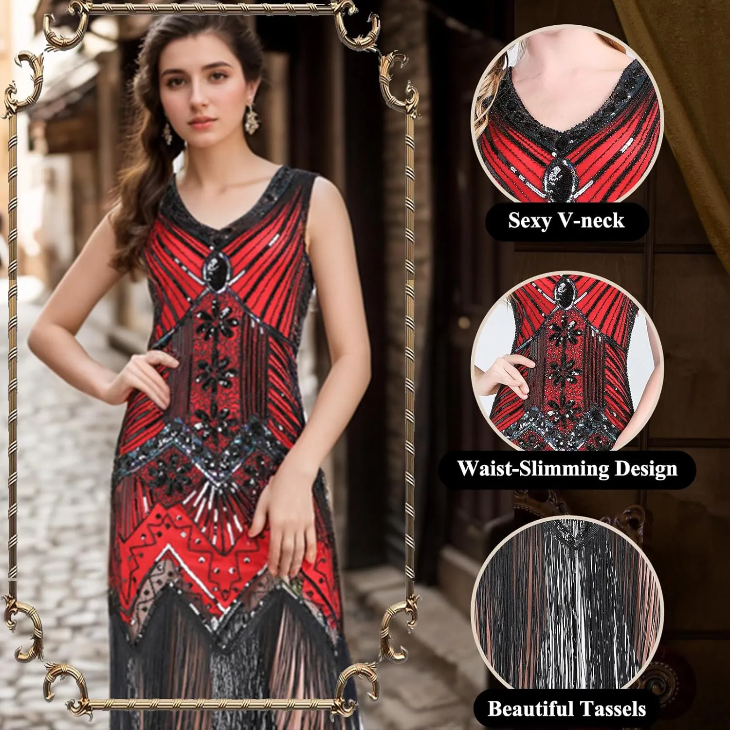 FEPITO 1920s Flapper Dresses for Women, Fringed Sequin Great Gatsby Dress for Women with 20s Accessories, Roaring 20s Costume