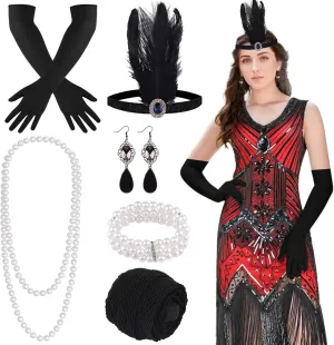 FEPITO 1920s Flapper Dresses for Women, Fringed Sequin Great Gatsby Dress for Women with 20s Accessories, Roaring 20s Costume