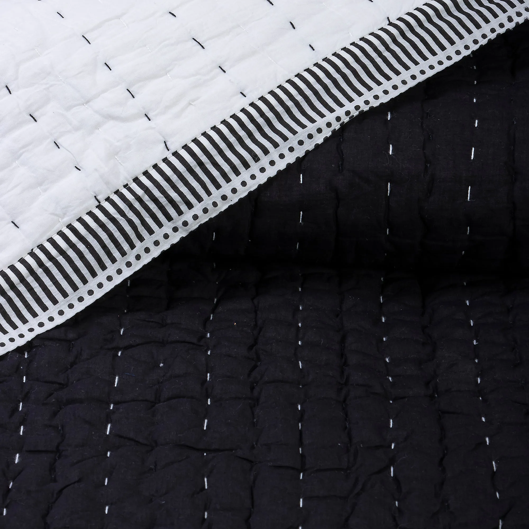 Handmade Solid Black Cotton Reversible Kantha Soft Quilt Blanket