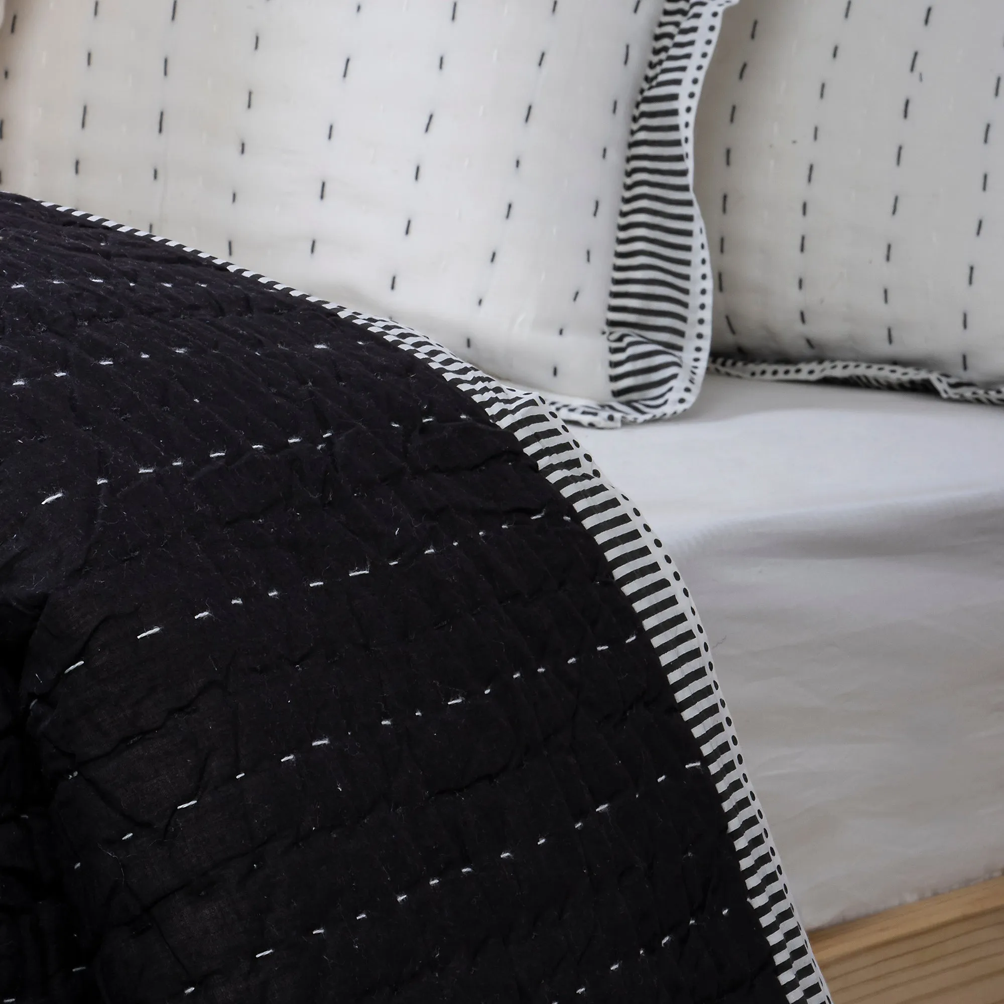 Handmade Solid Black Cotton Reversible Kantha Soft Quilt Blanket