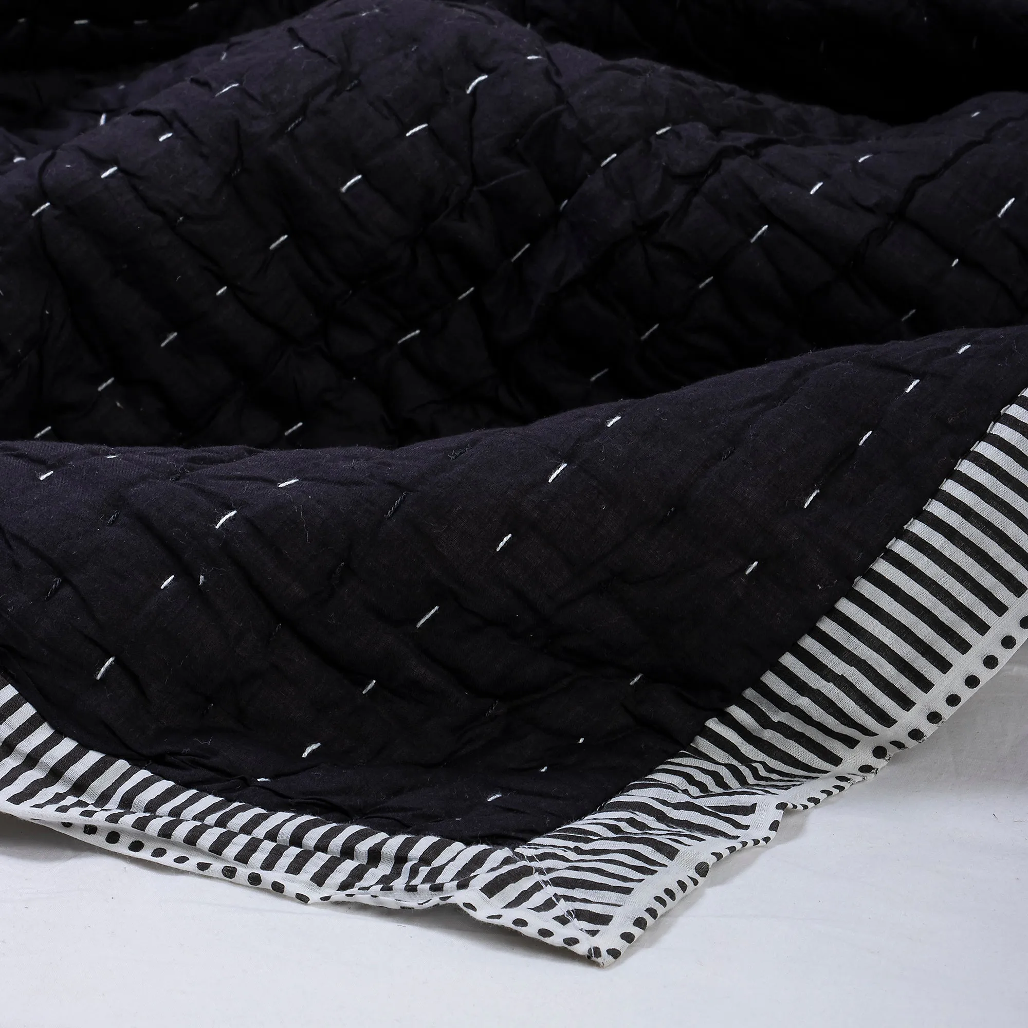 Handmade Solid Black Cotton Reversible Kantha Soft Quilt Blanket
