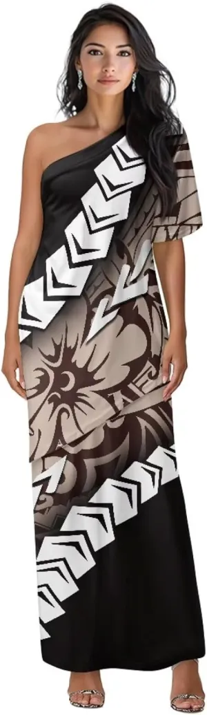 Hawaiian Tropical Flower Womens One Shoulder Top High Waist Slit Long Maxi Skirts Set for Party, Wedding, Beach