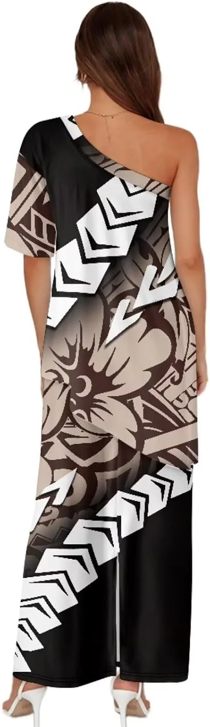 Hawaiian Tropical Flower Womens One Shoulder Top High Waist Slit Long Maxi Skirts Set for Party, Wedding, Beach