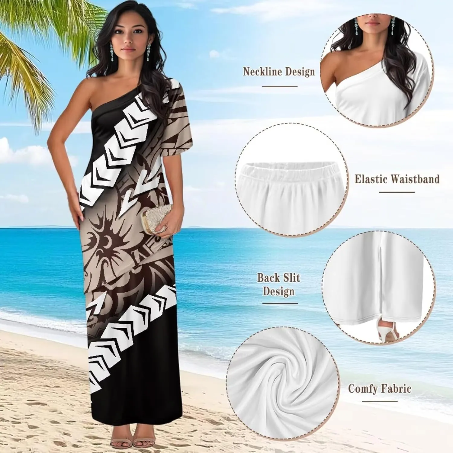 Hawaiian Tropical Flower Womens One Shoulder Top High Waist Slit Long Maxi Skirts Set for Party, Wedding, Beach