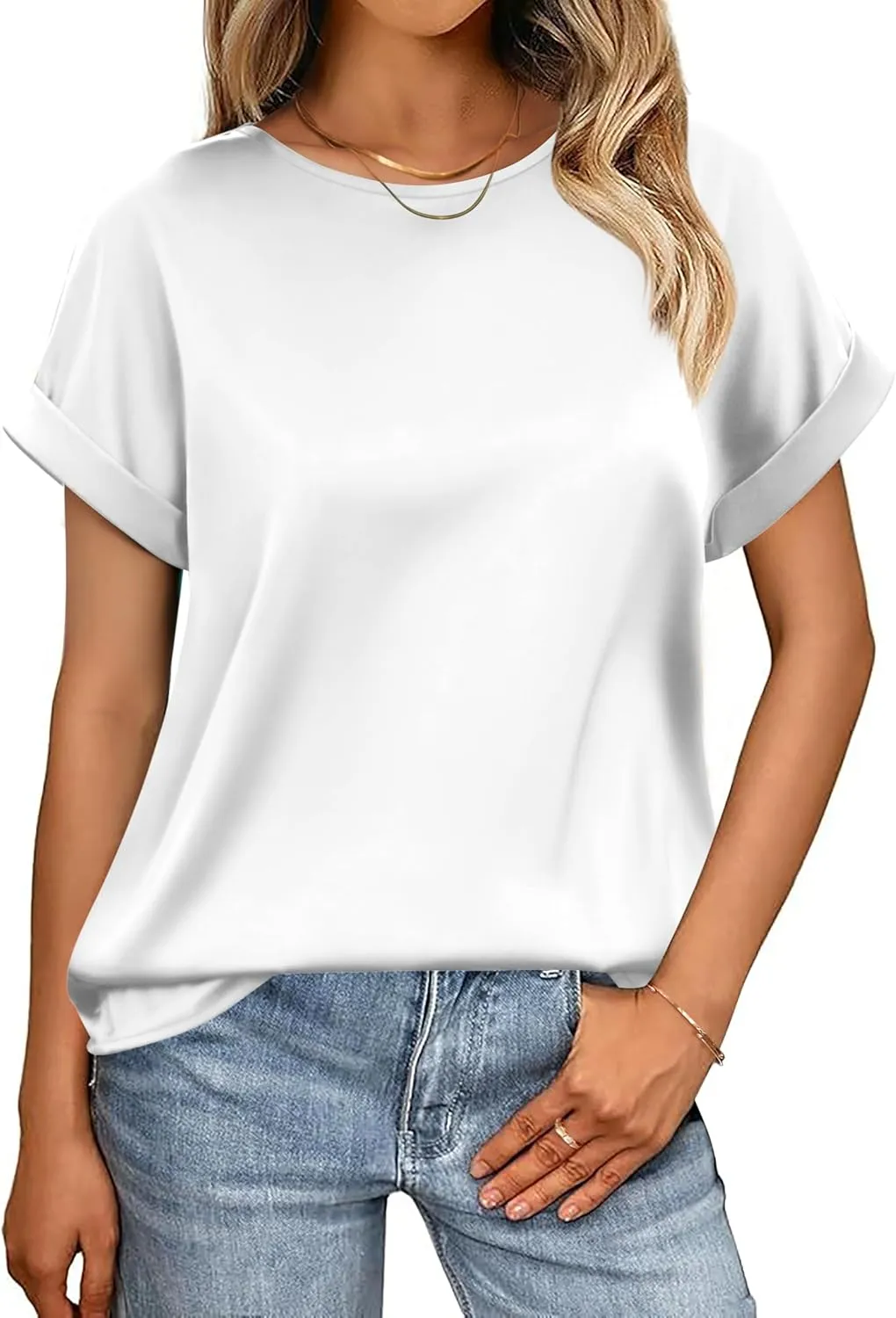 HOTOUCH Women's Short Sleeve Pullover Blouses Satin Silk Shirts Casual Loose Work Tunic Tops