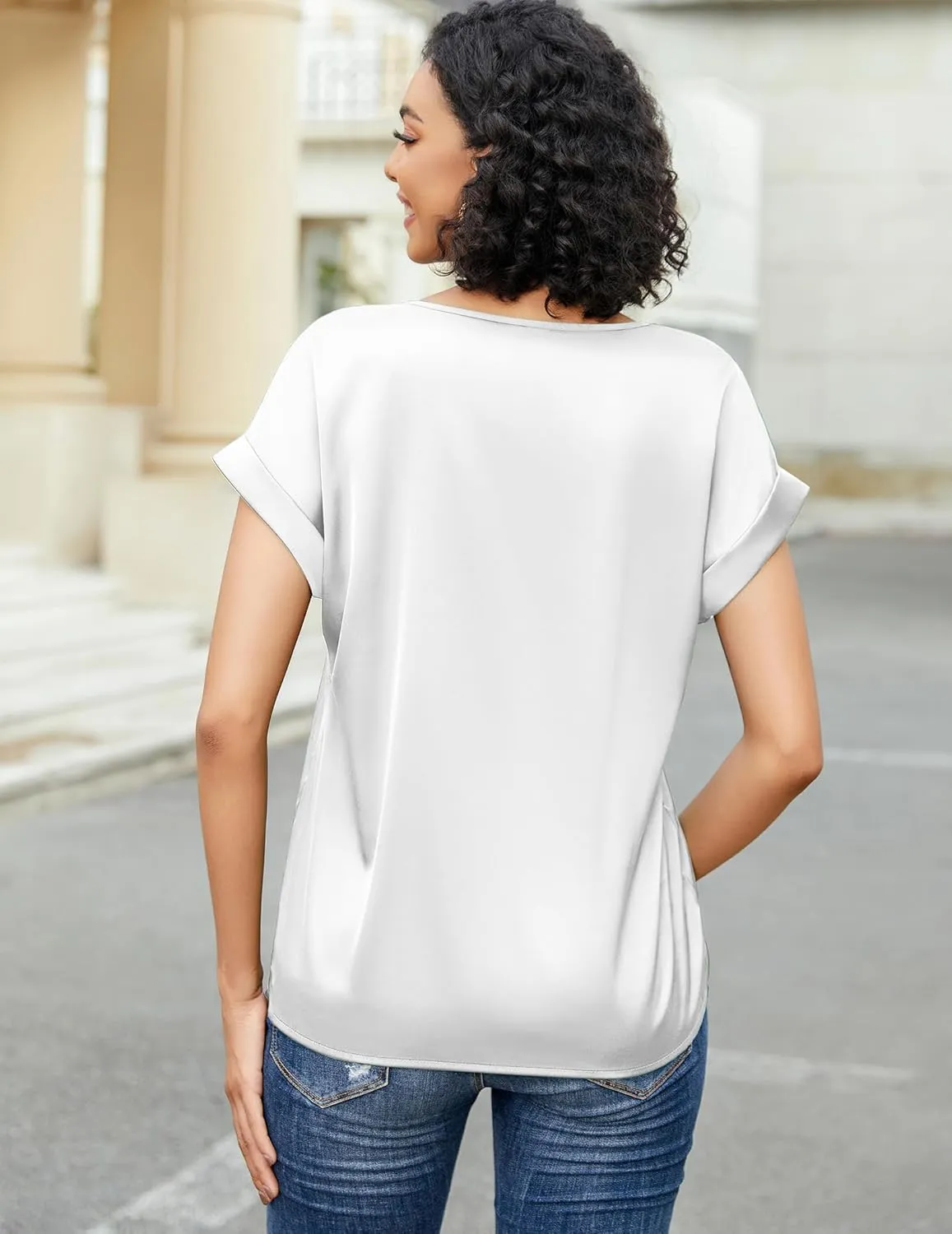 HOTOUCH Women's Short Sleeve Pullover Blouses Satin Silk Shirts Casual Loose Work Tunic Tops