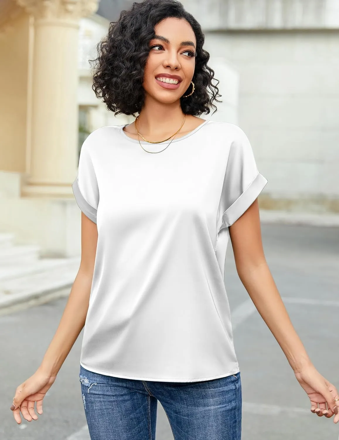 HOTOUCH Women's Short Sleeve Pullover Blouses Satin Silk Shirts Casual Loose Work Tunic Tops