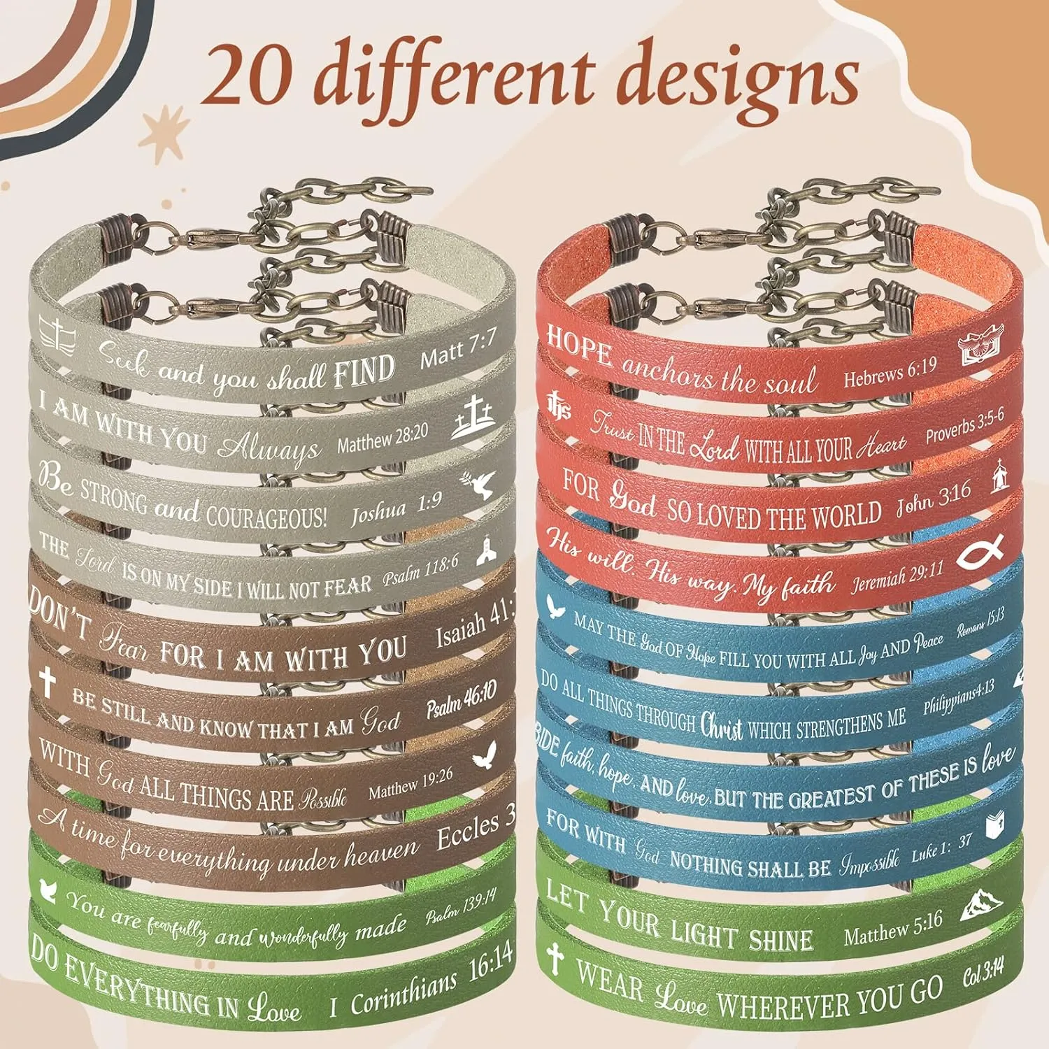 Jeyiour 20 Pieces Bible Verse Bracelets Bulk Christian Leather Bracelets, God Faith Scripture Quotes Bracelet, Inspirational Gifts Bible Bracelets Scripture for Office Home Woman Man