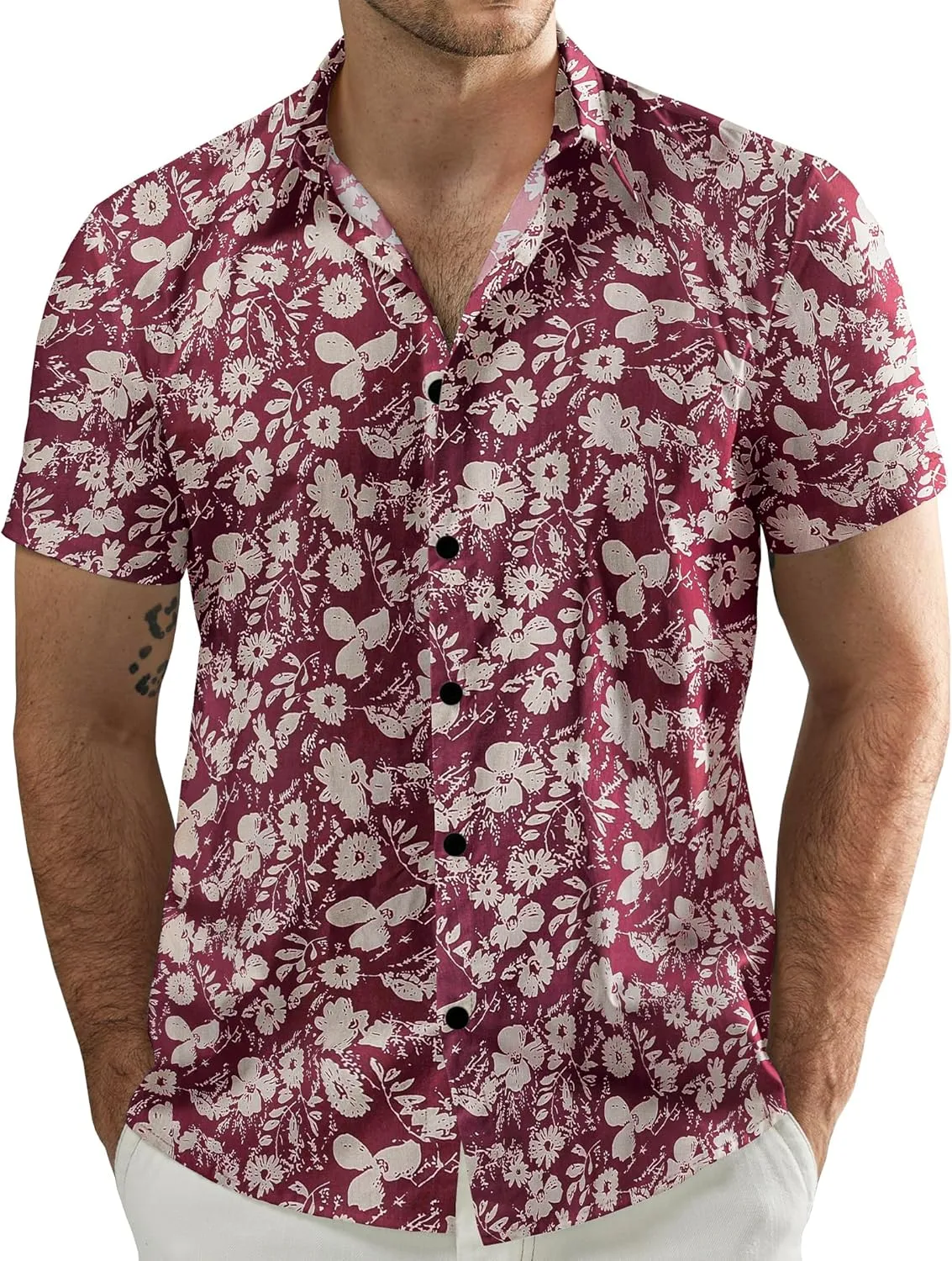 JOGAL Men's Flower Cotton Button Down Short Sleeve Hawaiian Shirt