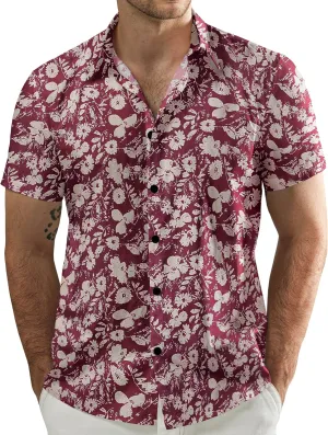 JOGAL Men's Flower Cotton Button Down Short Sleeve Hawaiian Shirt