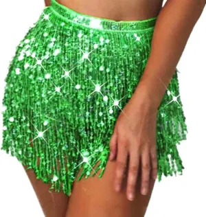 Kakaco Gold Tassel Skirt Women Sequin Fringe Skirts Sparkly Belly Dance Skirt Sparkle Hip Scarf