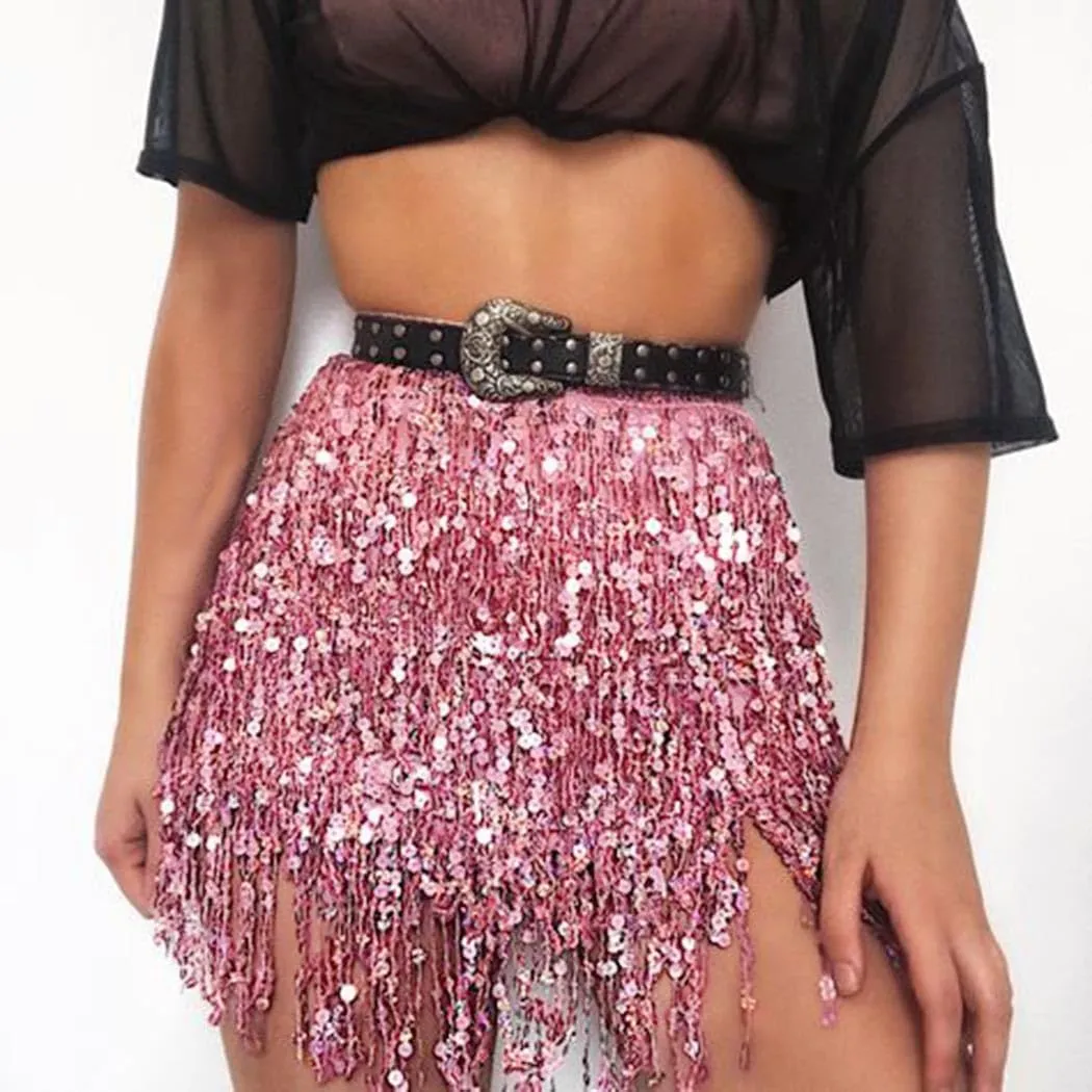 Kakaco Gold Tassel Skirt Women Sequin Fringe Skirts Sparkly Belly Dance Skirt Sparkle Hip Scarf