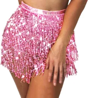 Kakaco Gold Tassel Skirt Women Sequin Fringe Skirts Sparkly Belly Dance Skirt Sparkle Hip Scarf