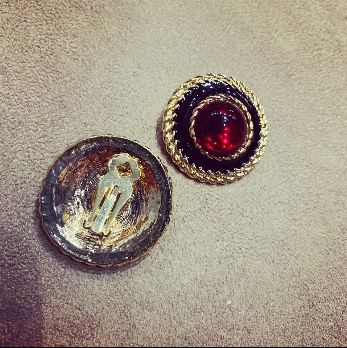 Large red and black vintage clip on earrings