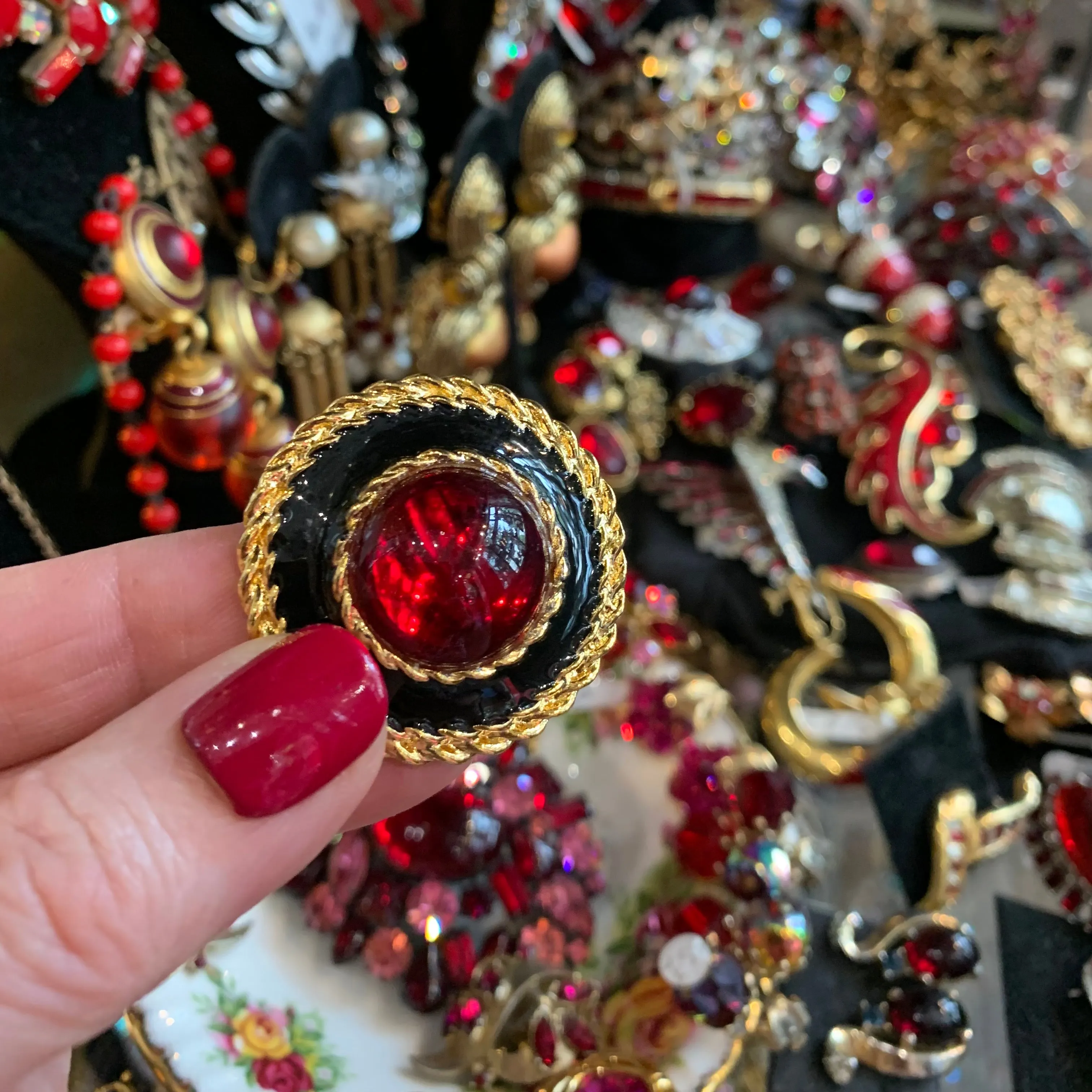 Large red and black vintage clip on earrings