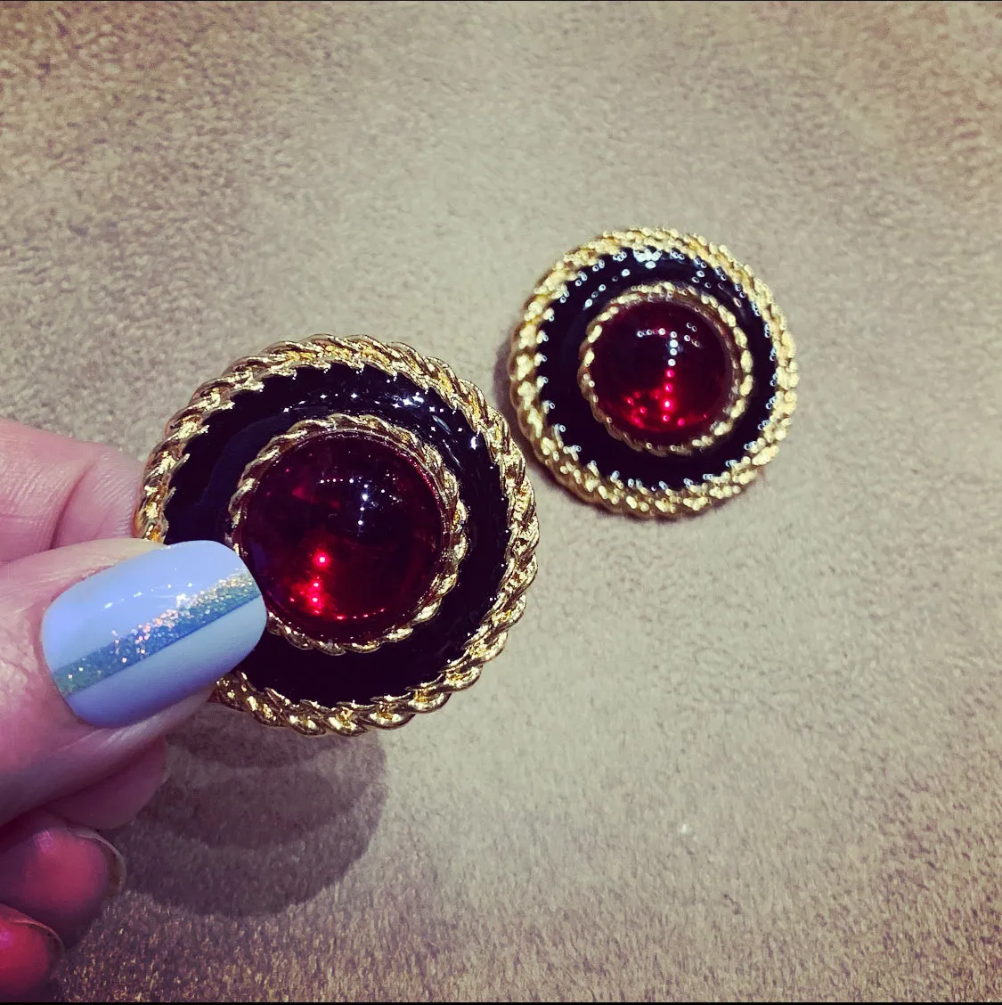 Large red and black vintage clip on earrings