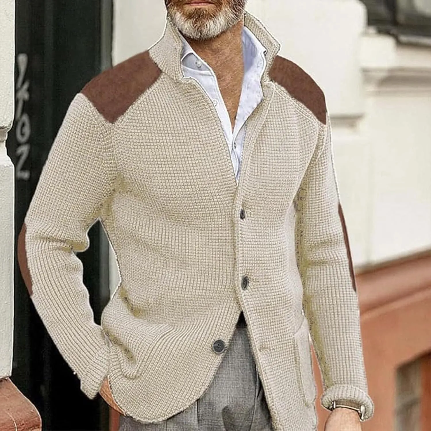 Maiyifu-GJ Men's Stand Collar Button Down Cardigan Casual Slim Fit Cardigan Jacket Thermal Waffle Knit Sweaters