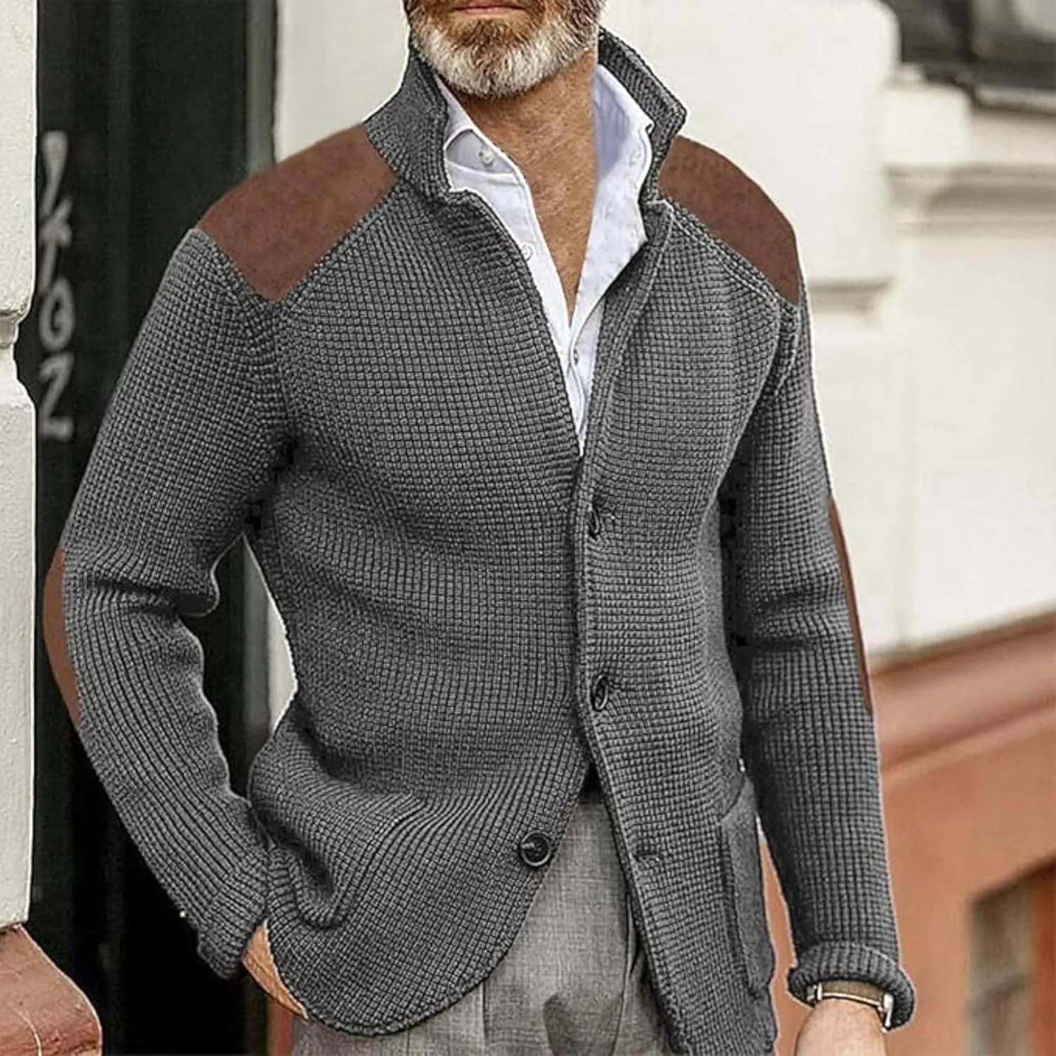 Maiyifu-GJ Men's Stand Collar Button Down Cardigan Casual Slim Fit Cardigan Jacket Thermal Waffle Knit Sweaters