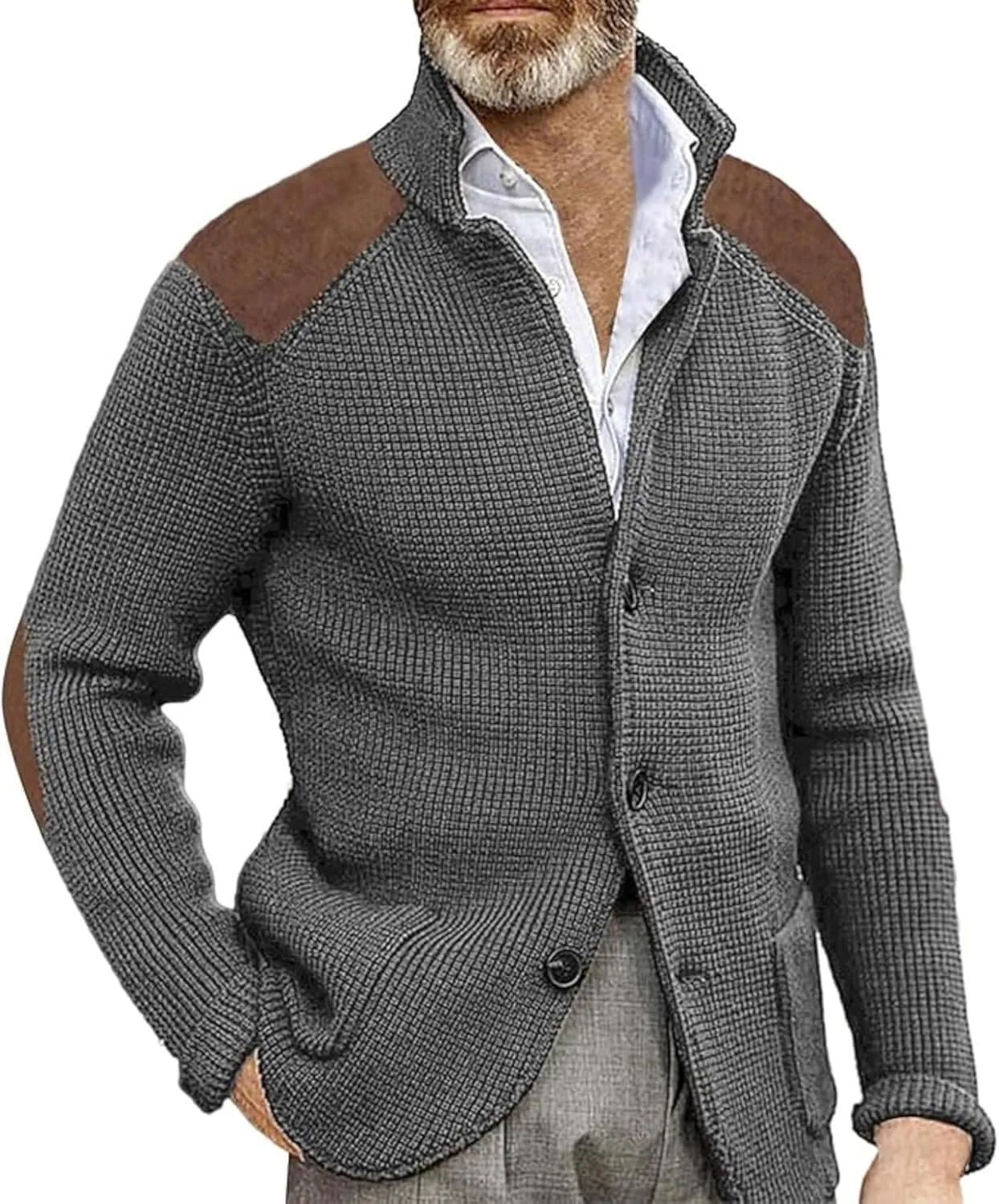Maiyifu-GJ Men's Stand Collar Button Down Cardigan Casual Slim Fit Cardigan Jacket Thermal Waffle Knit Sweaters