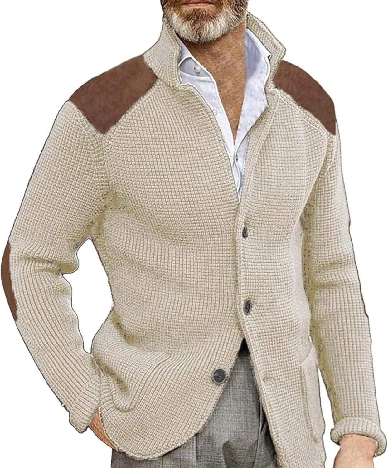 Maiyifu-GJ Men's Stand Collar Button Down Cardigan Casual Slim Fit Cardigan Jacket Thermal Waffle Knit Sweaters